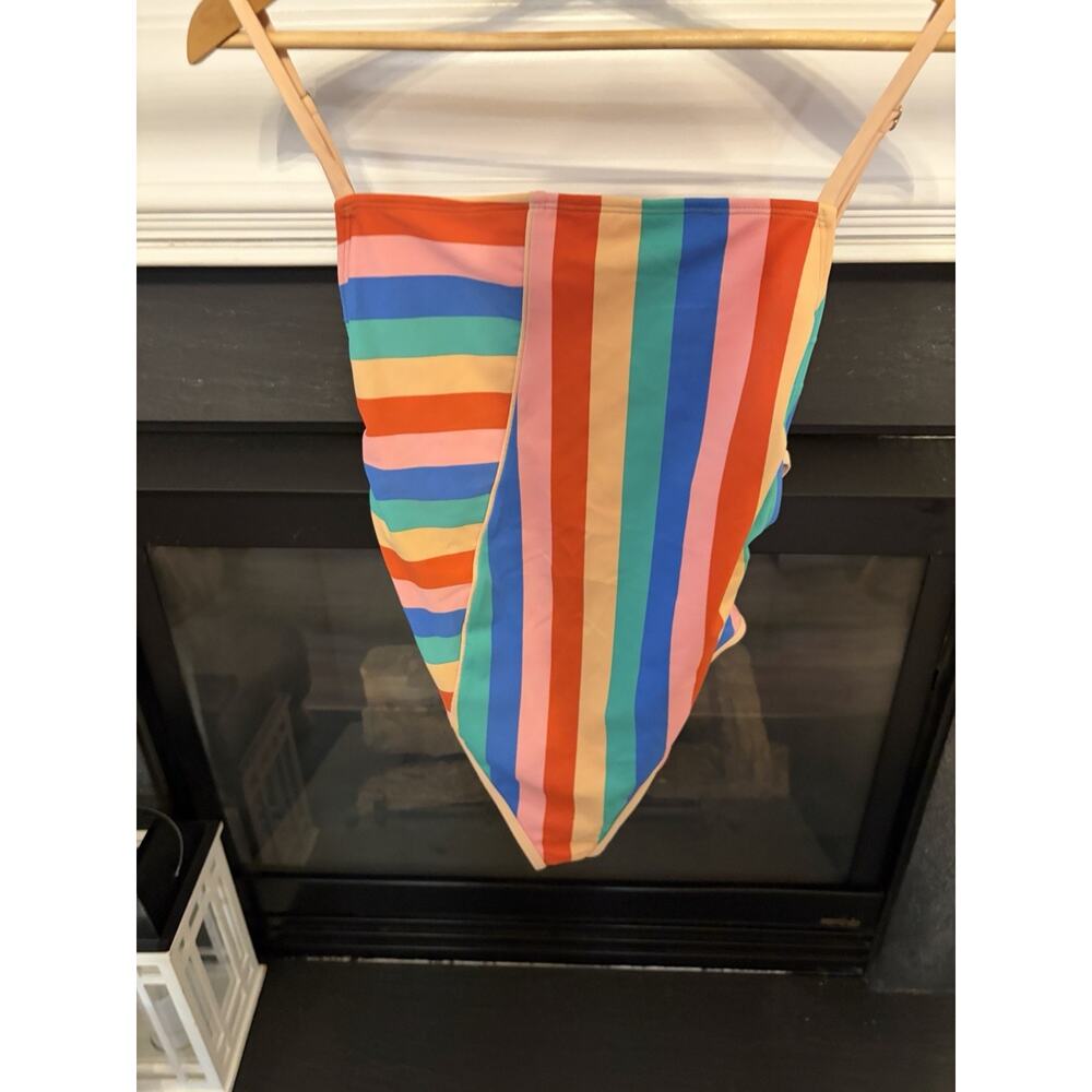 GB Womens One Piece Swimsuit Strappy Back Colorful Stripe High Cut Swimwear